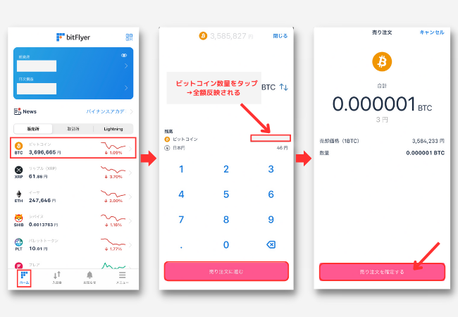 ビットフライヤー（bitFlyer）でビットコイン（BTC）を販売所で売却する方法