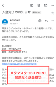 メタマスクからBITPOINT（ビットポイント）は問題なく送金できる